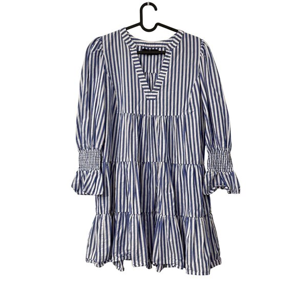 Tuckernuck Pomander Place Kenzo Blue Striped Vneck Smocked Cuff Dress Small - Picture 1 of 5